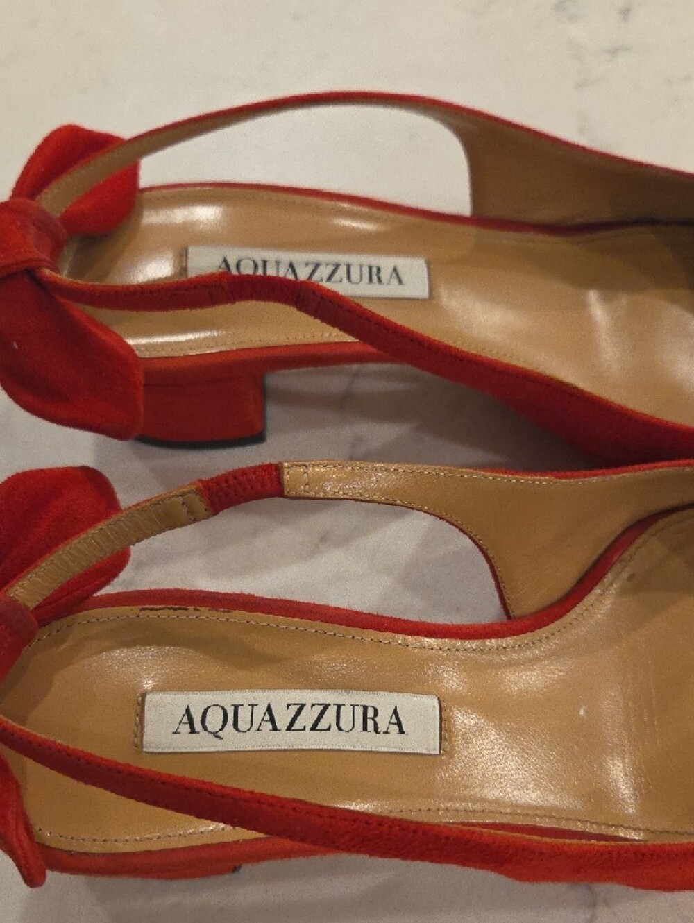 Aquazzura Red Suede Bow Slingback Pumps - Picture 3 of 6
